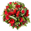 Bouquet with Roses and other seasonal flowers in red shades!