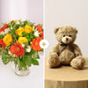 Seasonal Bouquet in Yellow & Orange Shades + teddy bear