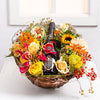 Basket with Season Flowers & Sparkling Wine
