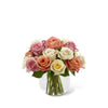 Cream, Pink, Orange Roses in a vase for a wonderful gift.