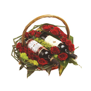 Basket with Wines and Red Roses