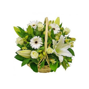 Basket with Roses and other Flowers in White Colors