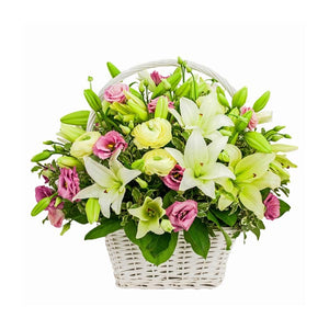 Basket with Flowers in White and Pink Shades